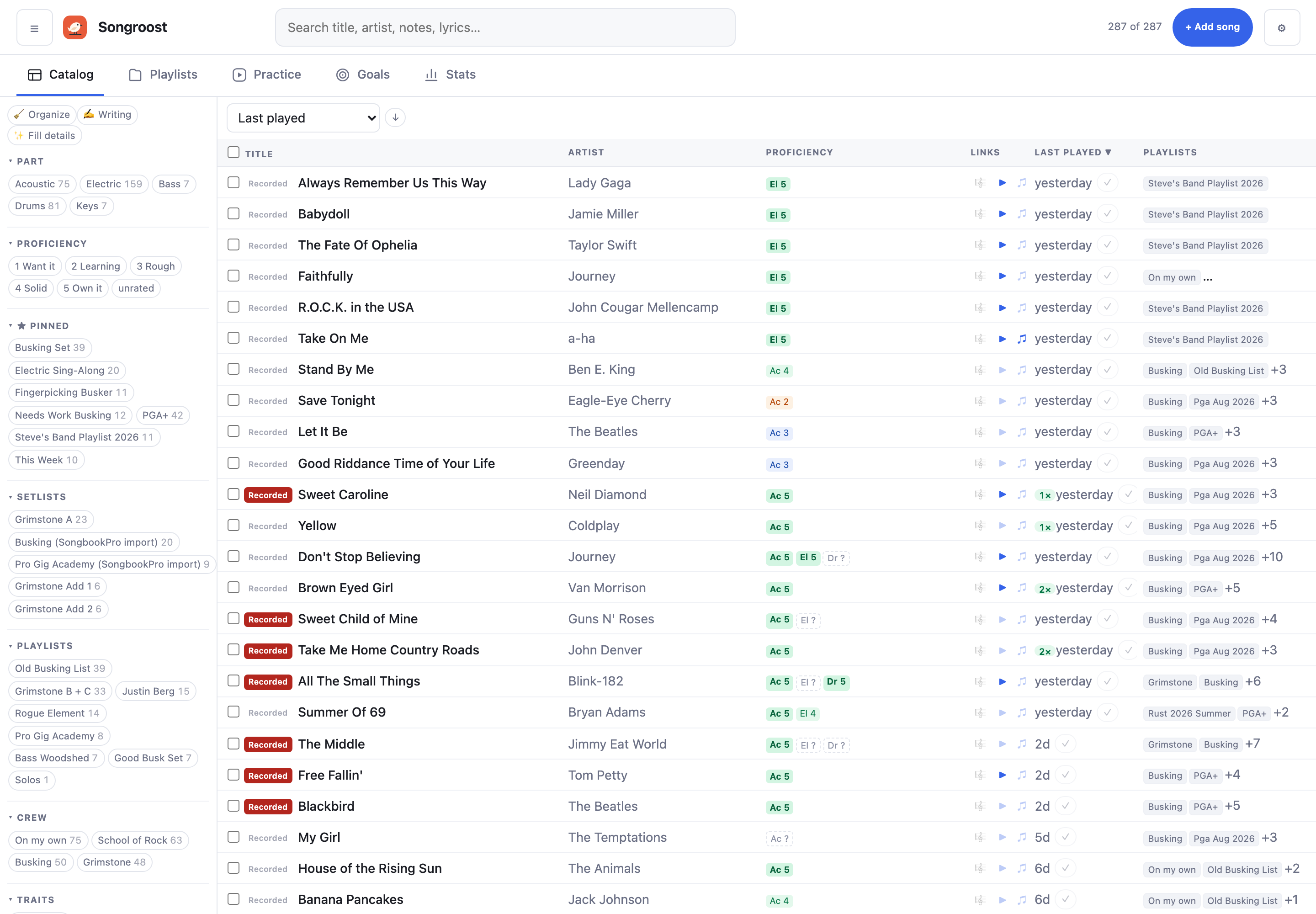 The catalog on a computer: a table of songs sorted by last played, with ratings per instrument, recorded badges and the lists each song is in, and filters for part, rating and list in a sidebar