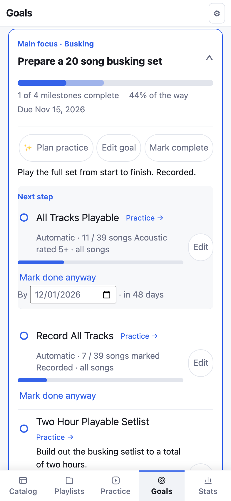 A goal to prepare a 20-song busking set: progress, due date, and milestones that track themselves