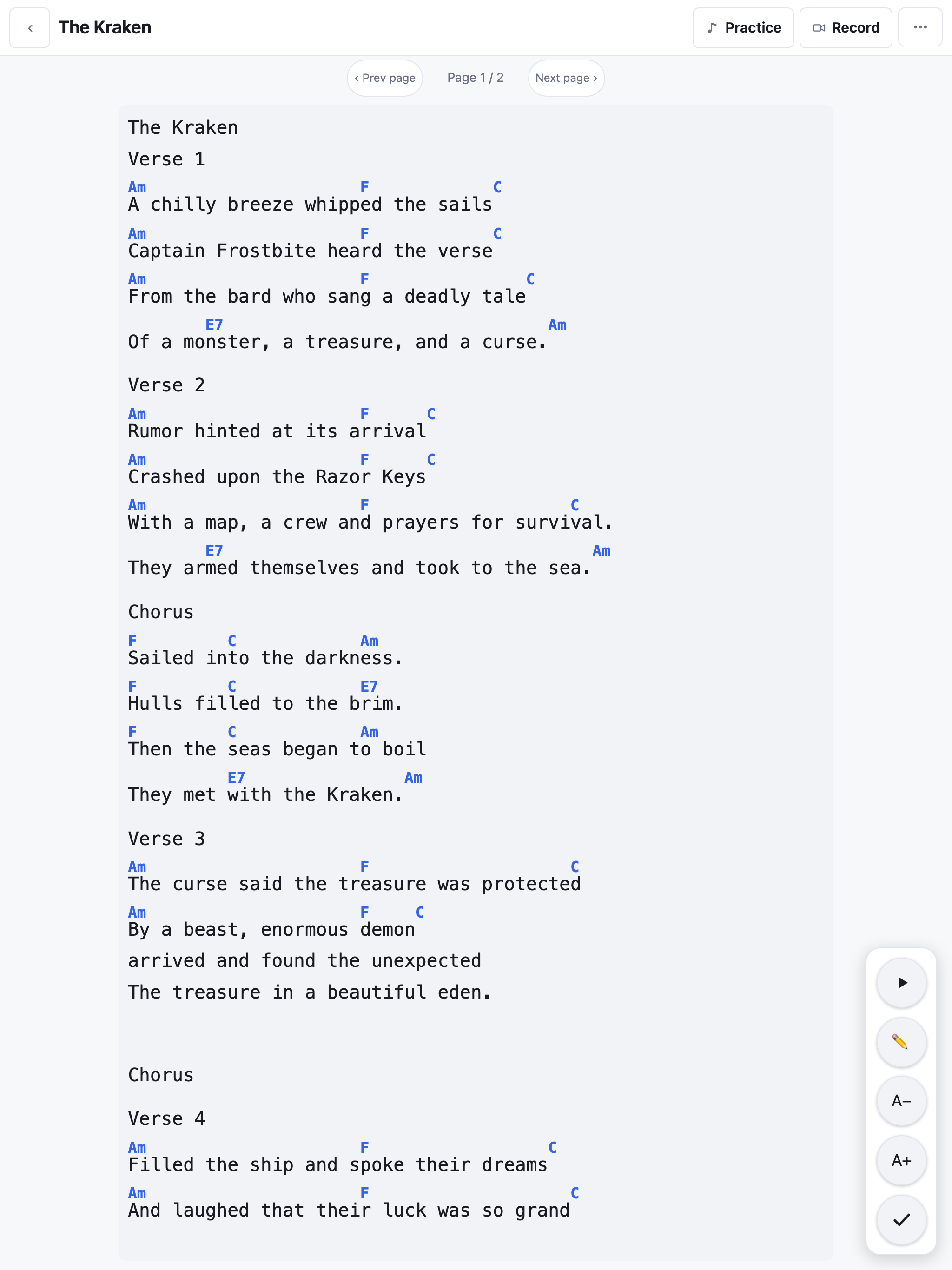 The same library on an iPad, showing an original song's chart a page at a time