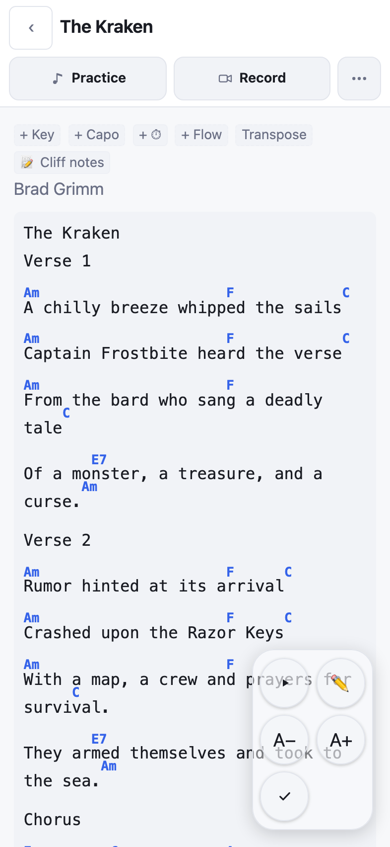 The reader showing chords over lyrics for an original song, with Practice and Record buttons