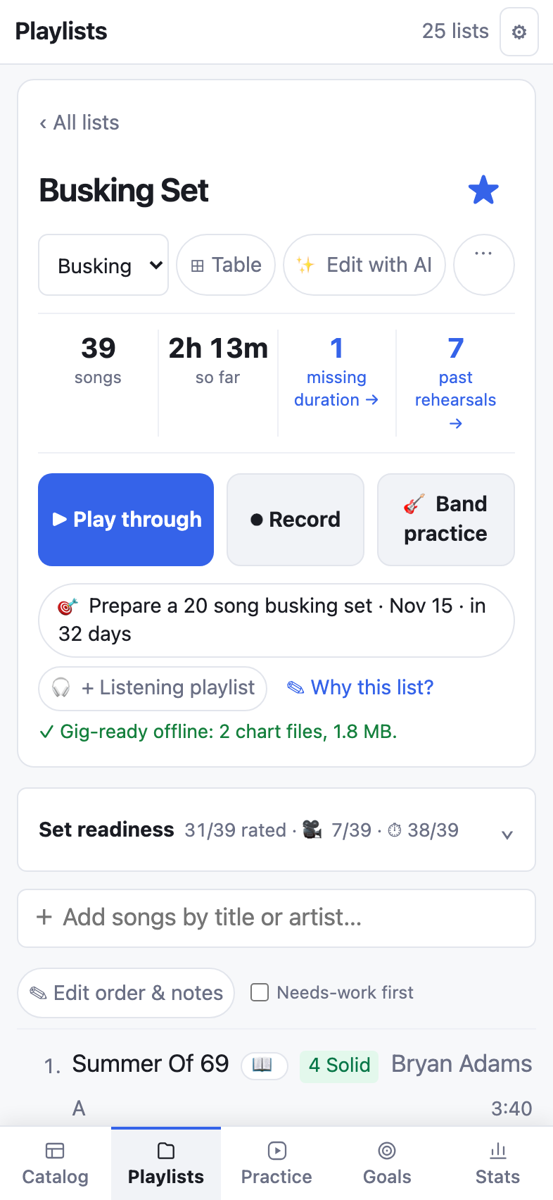 Songroost on a phone: a 39-song busking set with its total time, Play through, Record and Band practice buttons, marked gig-ready offline